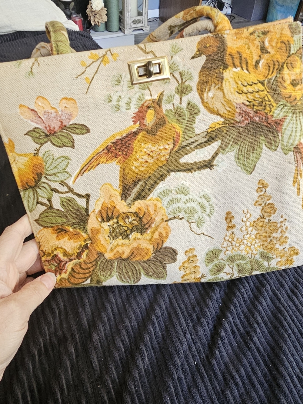 Floral Bird Canvas Tote in Mustard and Olive
